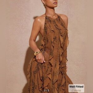 HAUTE Chocolate Brown Ruffled Halter maxi dress Flowy feminine  Semi sheer  sz 2